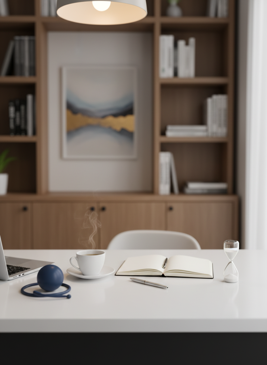 A neatly organized psychologist’s desk in a private clinic, with a matte white surface holding an open notebook with blank pages, a silver pen, a ceramic cup of herbal tea, and a small sand timer, all carefully spaced. At the edge of the frame, a closed laptop and a discreet stethoscope-like stress ball hint at clinical work without showing people. Behind the desk, a soft-focus background reveals shelves of psychology books and a subtle framed abstract artwork. Warm, indirect pendant lighting and faint natural light from a side window create a balanced, calm glow. Shot from a slightly elevated angle using shallow depth of field, the foreground objects are crisp while the background softly blurs, conveying focused, professional psychological counseling in a serene, modern environment.