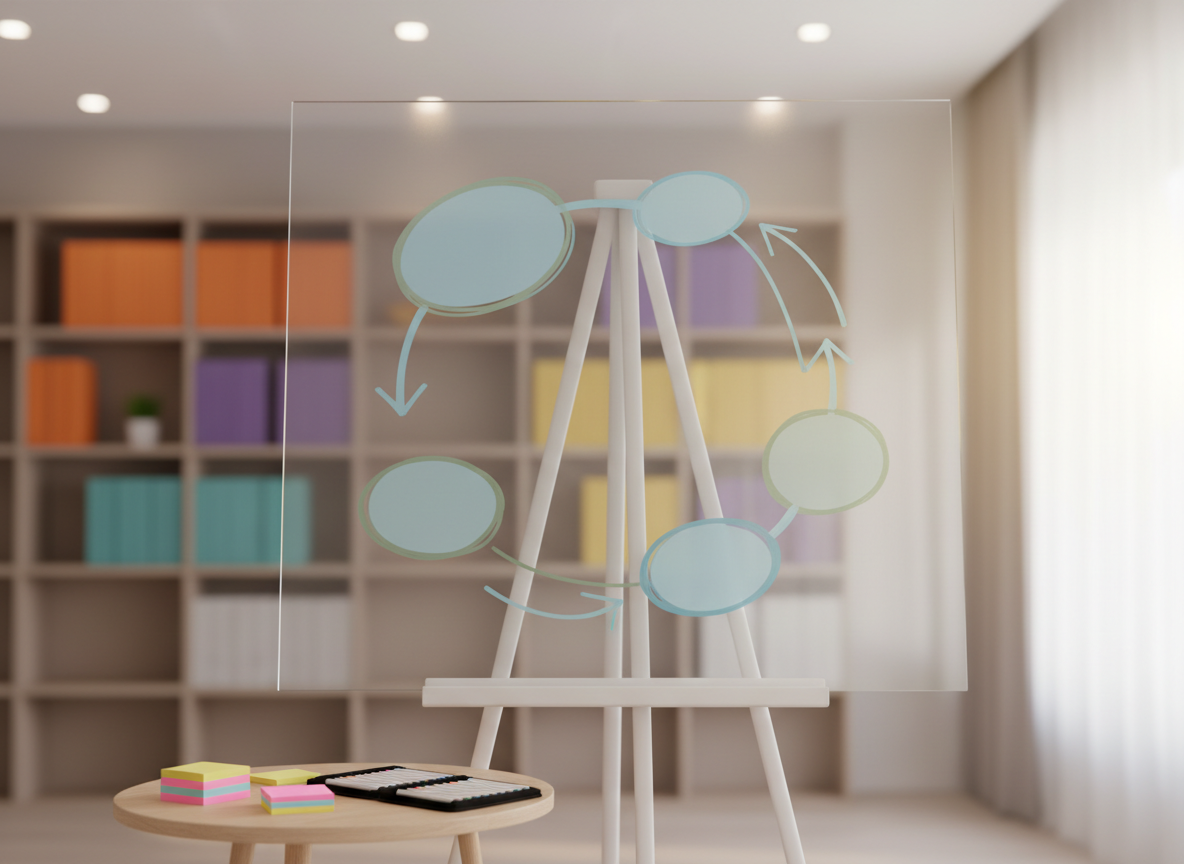 A concept image illustrating the structure of psychotherapy sessions: a large, clear acrylic board on a minimalist easel in a therapy room, marked with simple, non-textual shapes and arrows in soft blue and green, suggesting stages of a therapy process. In front of the board, a small round table holds color-coded sticky notes and a closed marker set, implying collaborative work without visible handwriting. The background includes a blurred view of bookshelves labeled by subtle color blocks instead of text. Soft overhead lighting combines with gentle window light from the right, creating a bright, focused atmosphere. Photographed at eye level with moderate depth of field, the board is the focal point while the surroundings remain slightly softened. Photographic realism with a clean, educational, and professional mood.