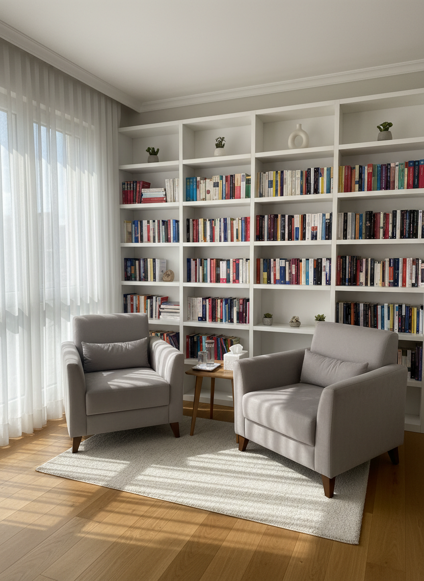 A calm, contemporary therapy room designed for psychological counseling, featuring two plush, light-gray armchairs facing each other with a small wooden side table between them holding a glass water carafe and tissues. The space is framed by tall white bookshelves filled with neatly arranged psychology books and discreet decor. Soft afternoon daylight filters through sheer curtains on a large window, creating gentle, diffused illumination and subtle shadows on the wooden floor. Photographed at eye level with a slightly wide angle, everything in sharp focus. The mood is professional yet warmly inviting, reflecting a trusted clinical psychologist’s office in Gebze or Tuzla. Photographic realism with a clean, modern aesthetic that communicates safety, confidentiality, and emotional comfort.