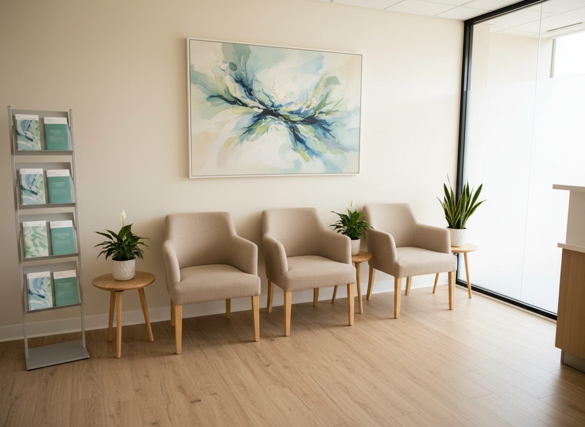 A serene waiting area of a mental health clinic, with a row of three cushioned chairs in soft beige upholstery separated by small round wooden side tables holding potted green plants. A stand displaying neatly arranged, text-free brochures in calm blues and greens sits to one side, hinting at various therapy services without using words. The floor is light oak laminate, and the walls are painted in a warm off-white, adorned with a single large abstract painting in soothing tones. Diffused daylight from a frosted glass window brightens the space, eliminating harsh shadows. Shot from a slightly elevated, wide-angle perspective, the composition shows the entire waiting area in clear detail. The atmosphere is professional, clean, and reassuring, reflecting a trustworthy psychological counseling clinic.